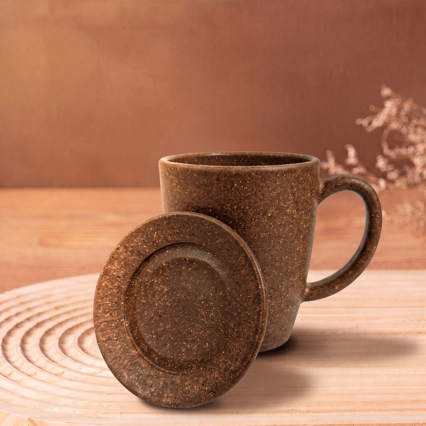 TurtleTales Vintage Brew with Lid Rice Husk Biocomposite Coffee Mug (300ml) - 3-in-1 Eco-Friendly & Unbreakable