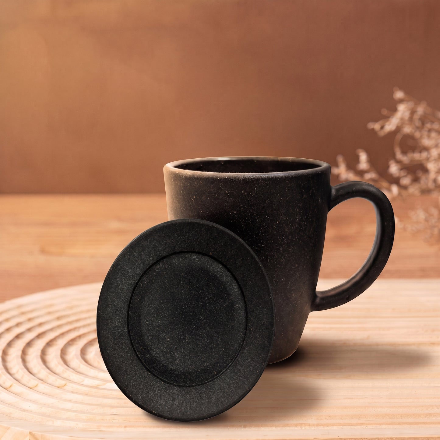 TurtleTales Vintage Brew with Lid Rice Husk Biocomposite Coffee Mug (300ml) - 3-in-1 Eco-Friendly & Unbreakable