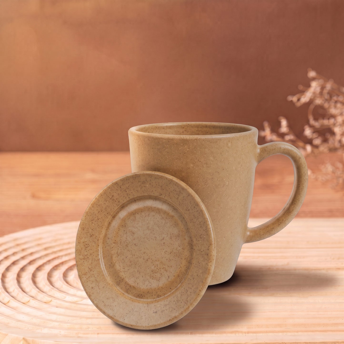 TurtleTales Vintage Brew with Lid Rice Husk Biocomposite Coffee Mug (300ml) - 3-in-1 Eco-Friendly & Unbreakable