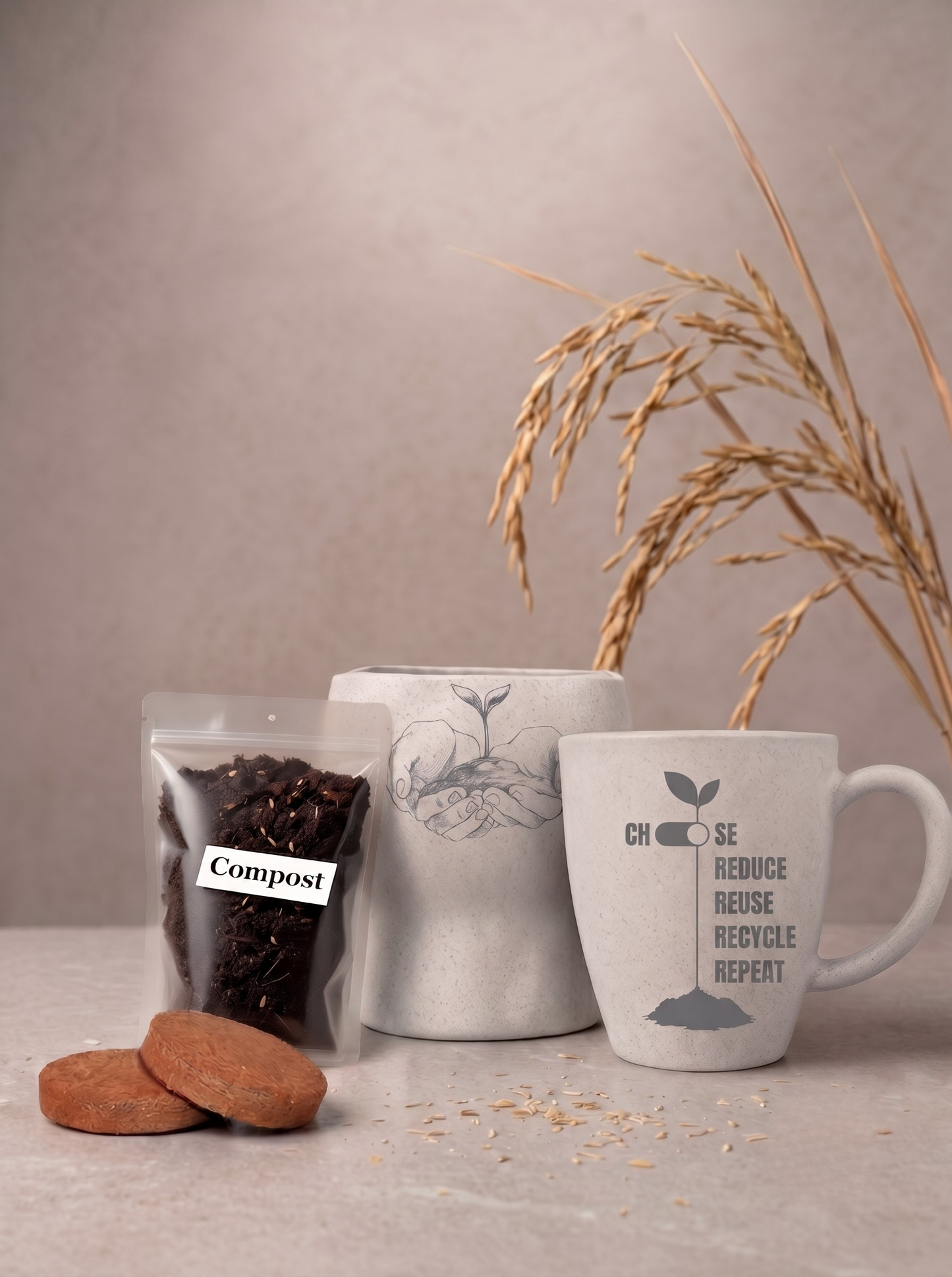 TurtleTales HuskMade Premium Eco Kit - Rice Husk Mug + Planter Gift Set