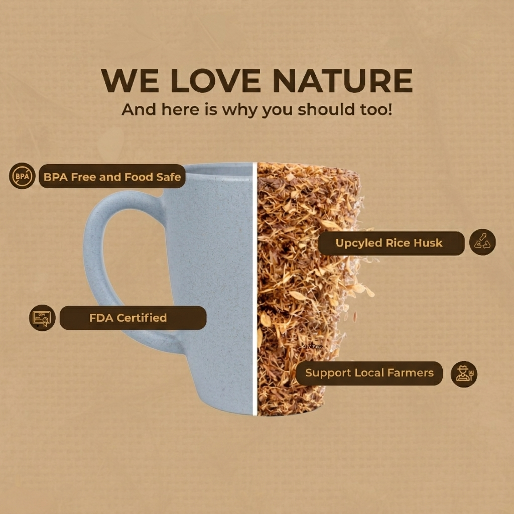 TurtleTales Vintage Brew Rice Husk Biocomposite Coffee Mugs (300ml) - Eco-Friendly & Unbreakable