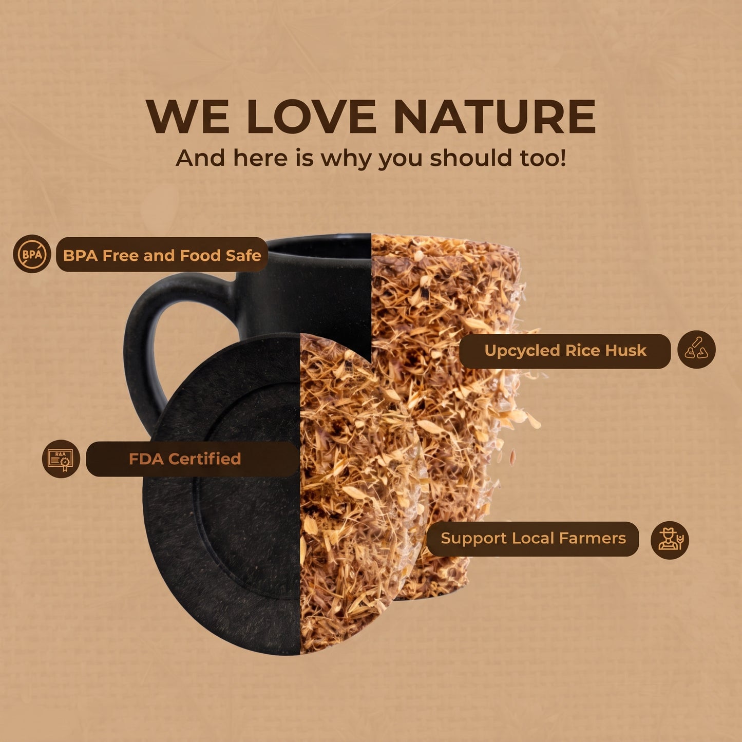TurtleTales Vintage Brew with Lid Rice Husk Biocomposite Coffee Mug (300ml) - 3-in-1 Eco-Friendly & Unbreakable