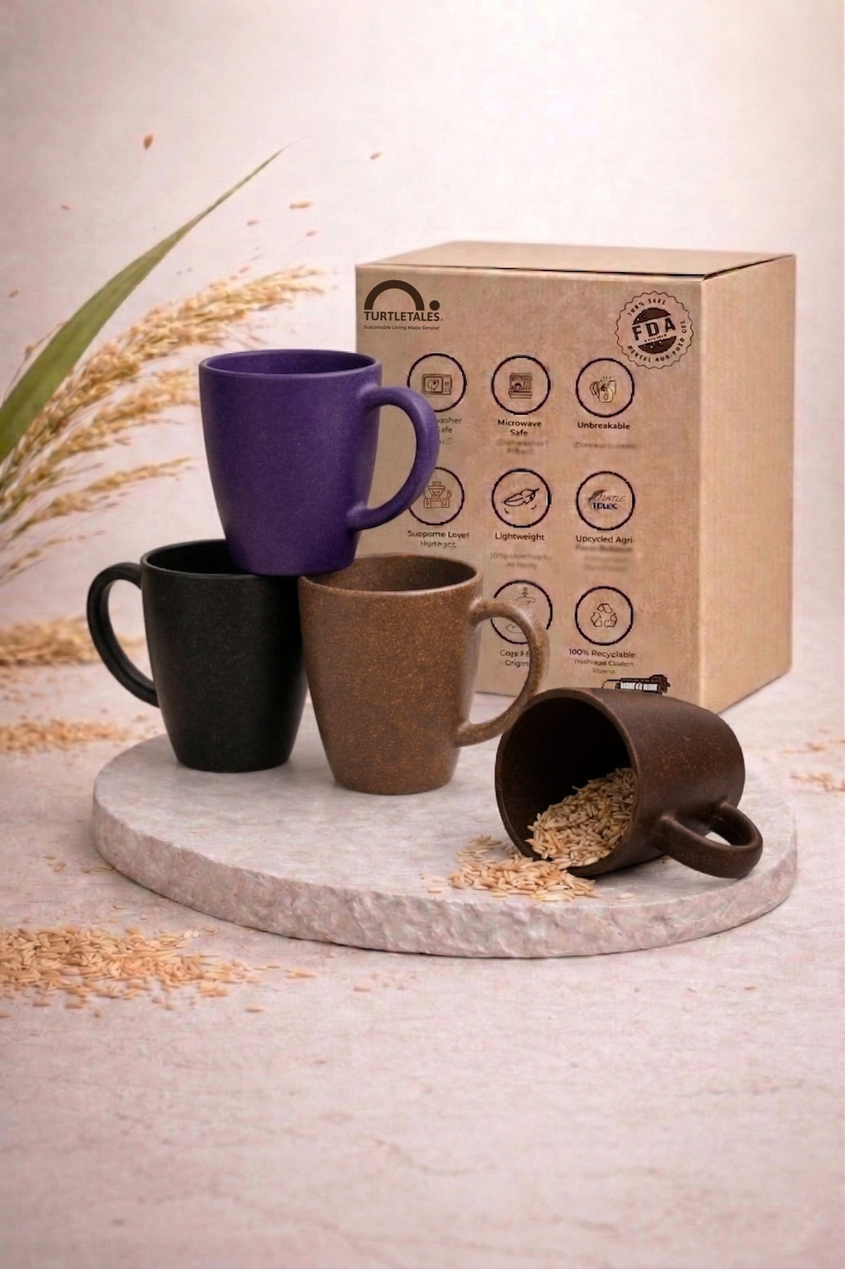 TurtleTales Multi-Color Vintage Brew Rice Husk Biocomposite Coffee Mugs (300ml) - Eco-Friendly & Unbreakable