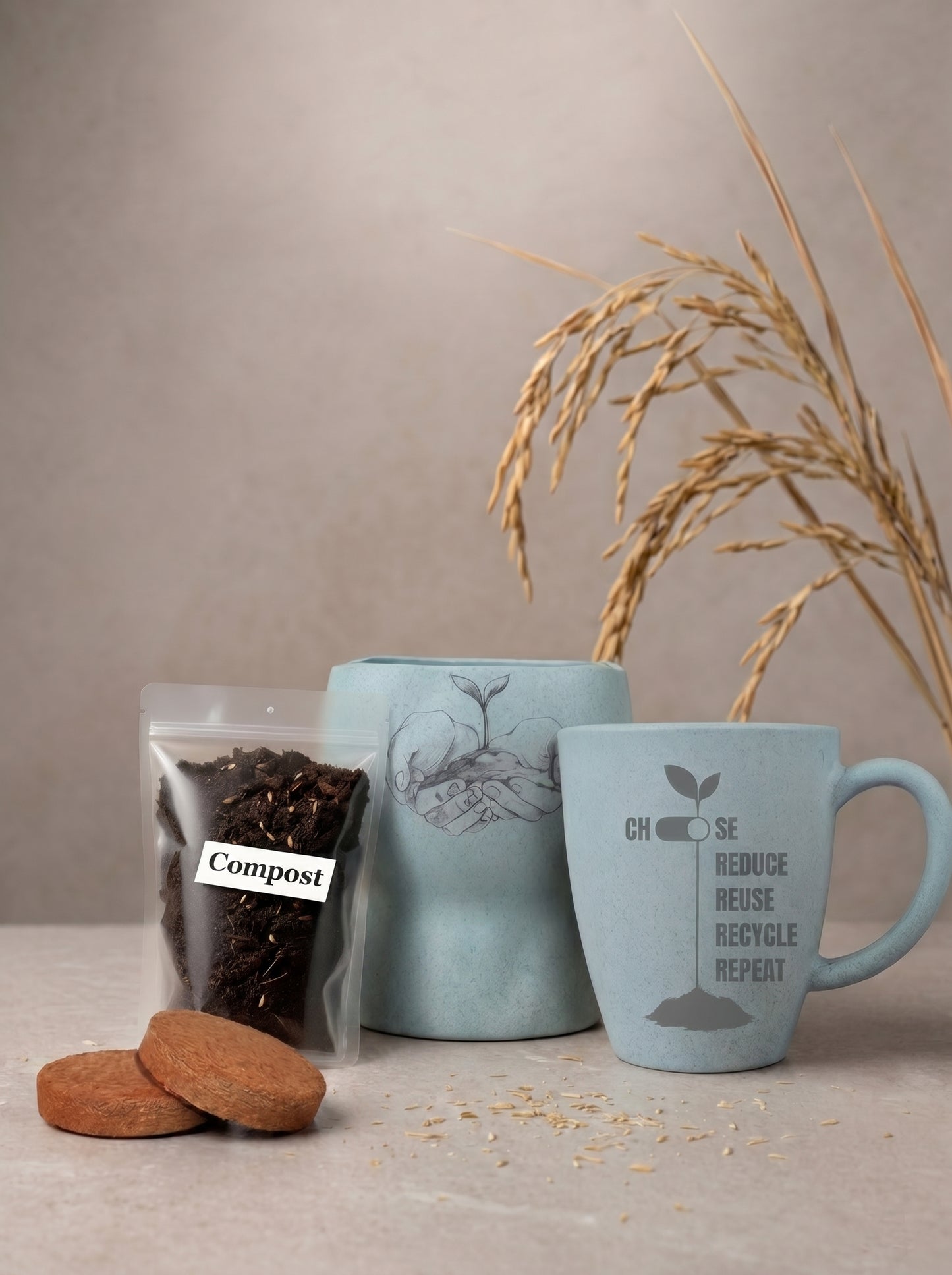 TurtleTales HuskMade Premium Eco Kit - Rice Husk Mug + Planter Gift Set