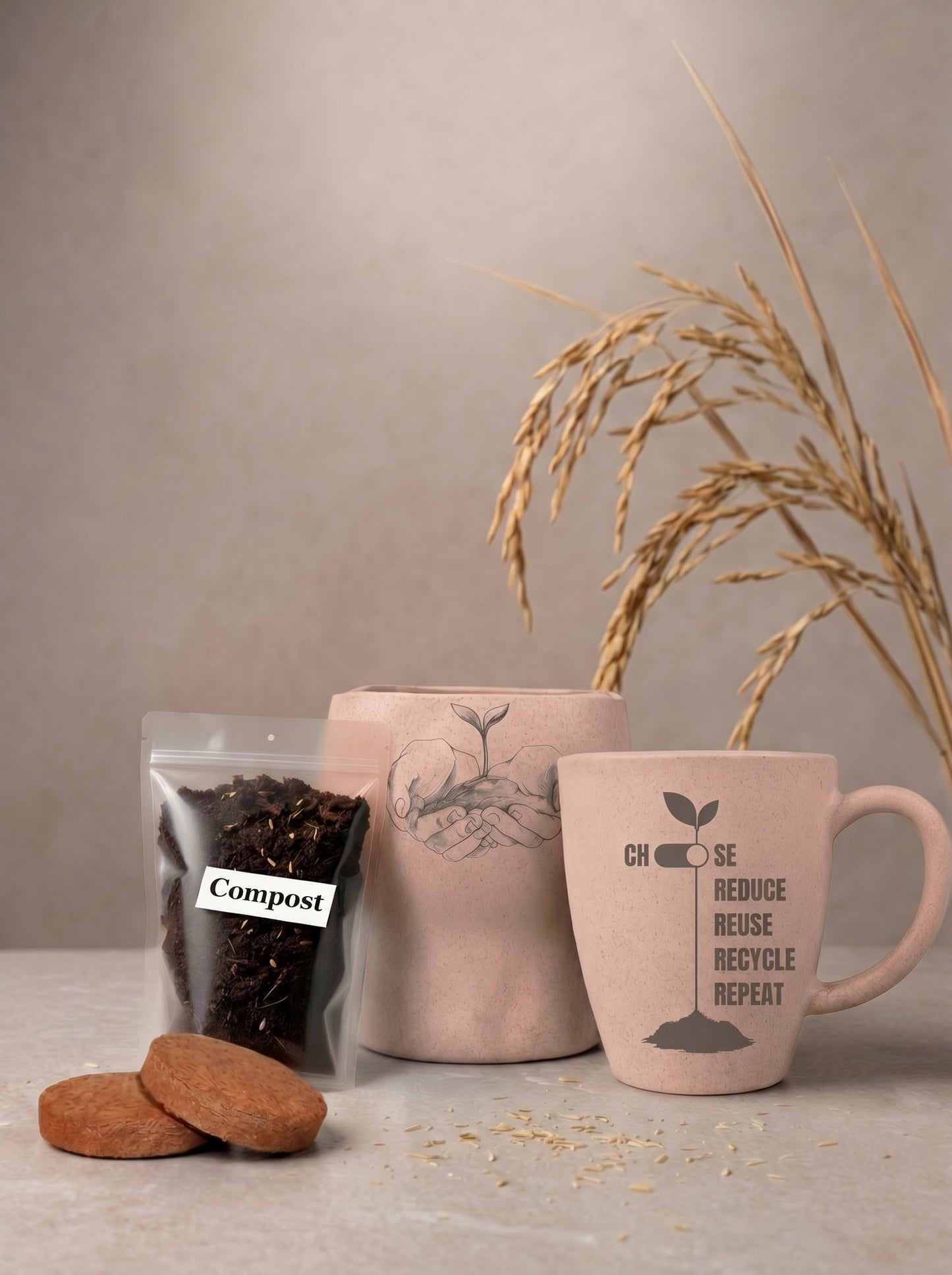TurtleTales HuskMade Premium Eco Kit - Rice Husk Mug + Planter Gift Set