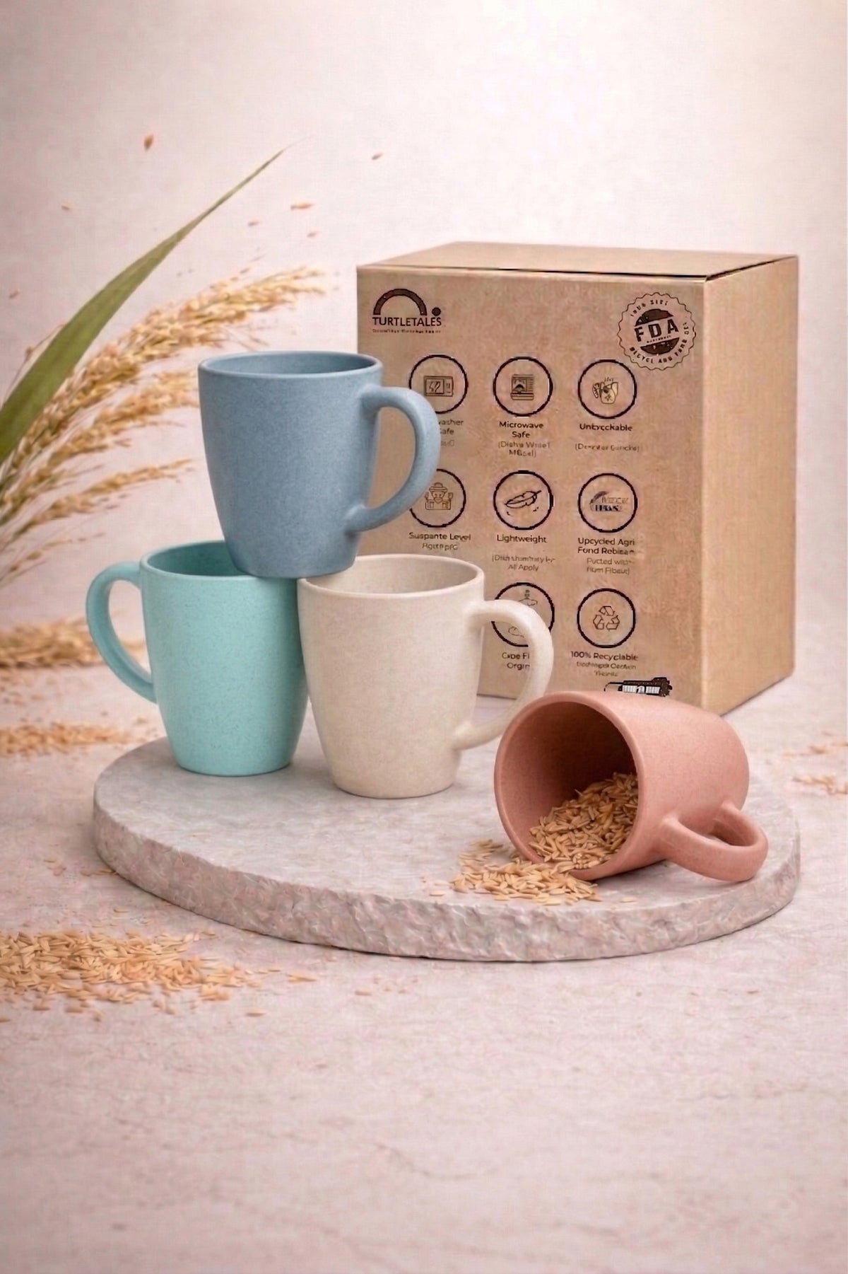 TurtleTales Multi-Color Vintage Brew Rice Husk Biocomposite Coffee Mugs (300ml) - Eco-Friendly & Unbreakable