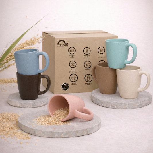 TurtleTales Multi-Color Vintage Brew Rice Husk Biocomposite Coffee Mugs (300ml) - Eco-Friendly & Unbreakable