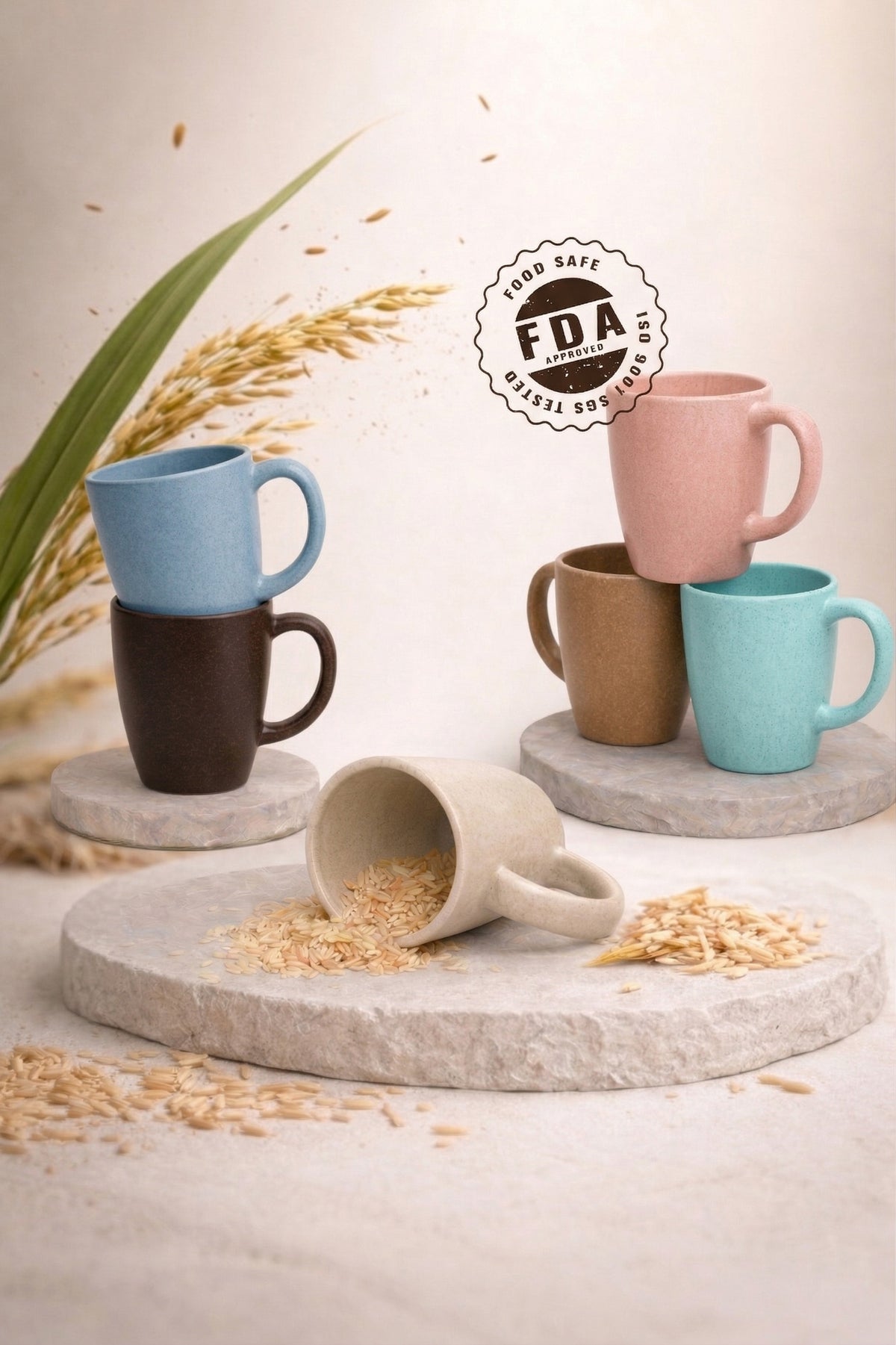 TurtleTales Multi-Color Vintage Brew Rice Husk Biocomposite Coffee Mugs (300ml) - Eco-Friendly & Unbreakable