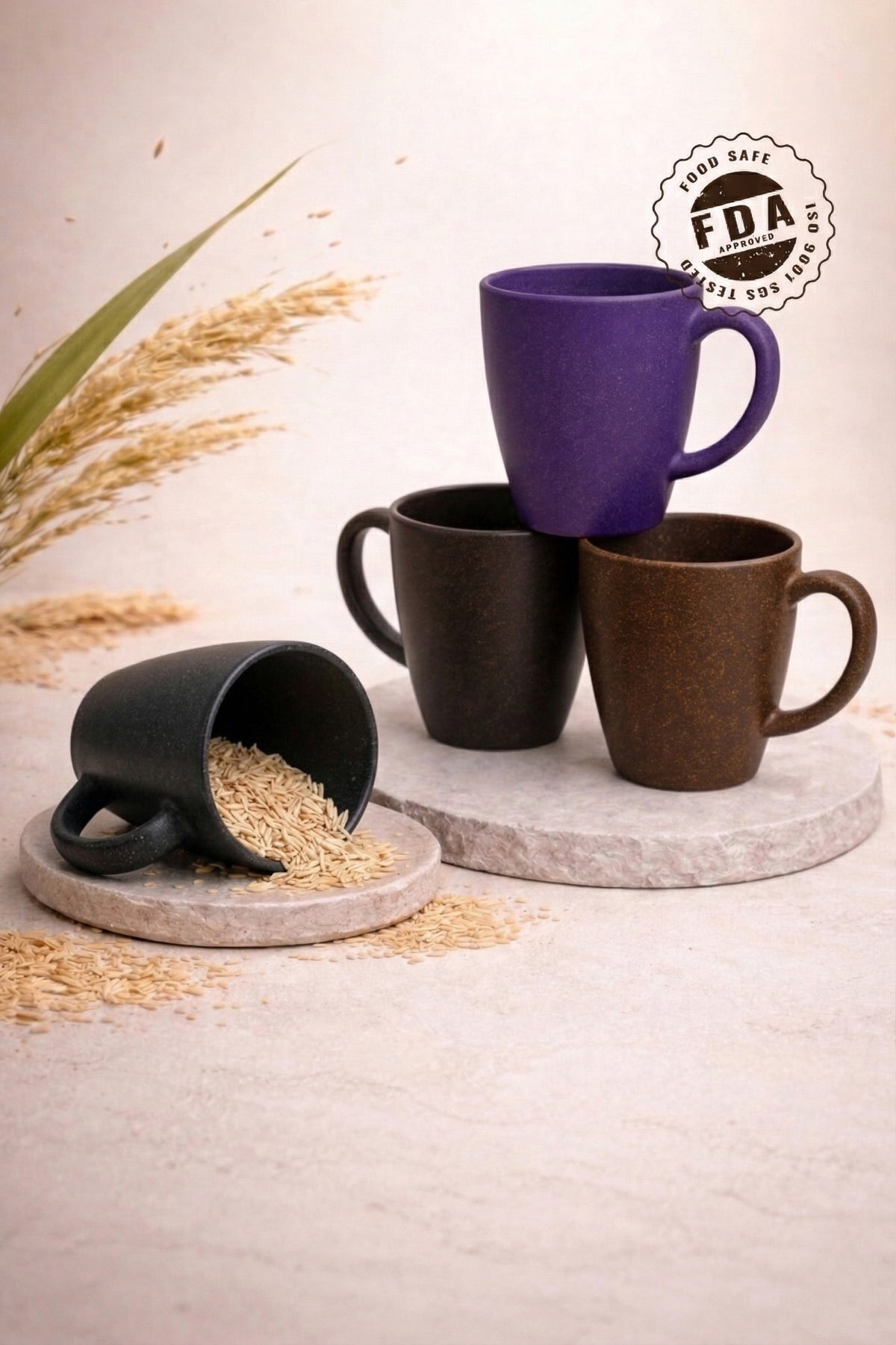 TurtleTales Multi-Color Vintage Brew Rice Husk Biocomposite Coffee Mugs (300ml) - Eco-Friendly & Unbreakable